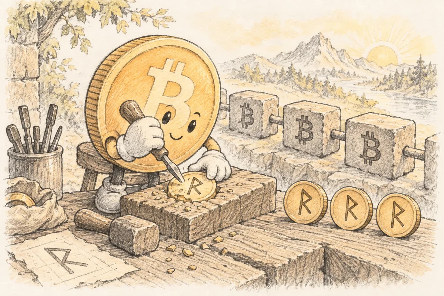 Pencil comic of a Bitcoin character engraving Rune tokens beside connected Bitcoin blocks.
